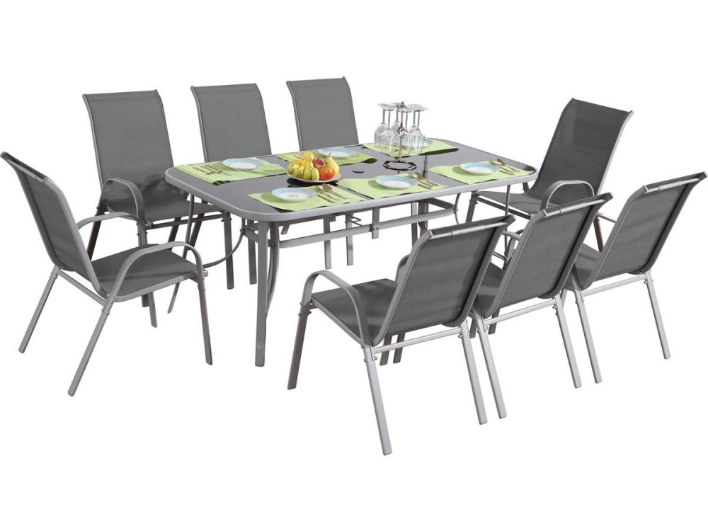 Conjunto De Jardín Mesa + 8  sillas de Textileno "Córdoba + Porto" - Gris Claro