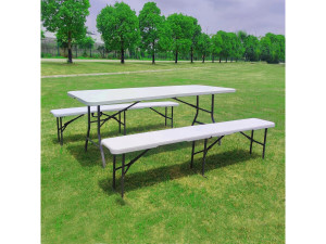 Conjunto de mesa de jardín plegable + 2 bancos "Foldy" - Blanco 2
