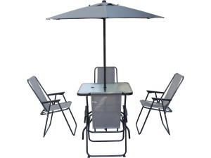 Mesa y sillas de jardín de metal "Convivia" con parasol - 4 plazas - Gris claro