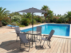 Mesa y sillas de jardín de metal "Convivia" con parasol - 4 plazas - Gris antracita 2