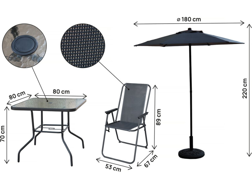 Mesa y sillas de jardín de metal "Convivia" con parasol - 4 plazas - Gris antracita