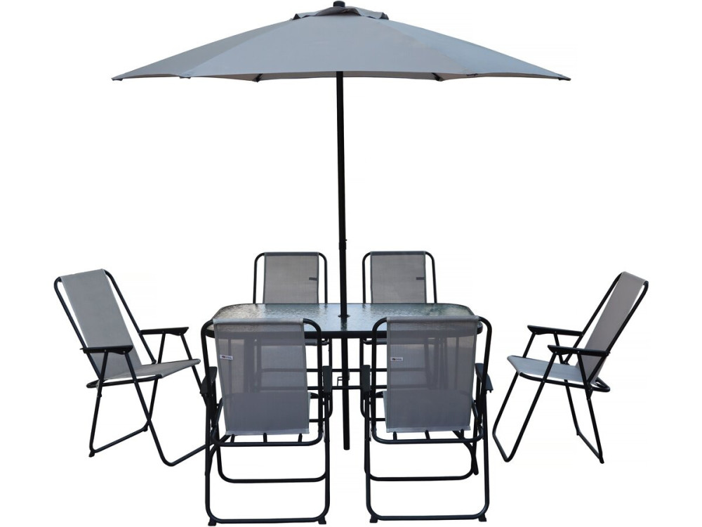 Mesa y sillas de jardín de metal "Convivia" con parasol - 6 plazas - Gris claro