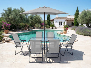 Mesa y sillas de jardín de metal "Convivia" con parasol - 6 plazas - Gris claro 2