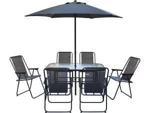 Mesa y sillas de jardín de metal "Convivia" con parasol - 6 plazas - Gris antracita