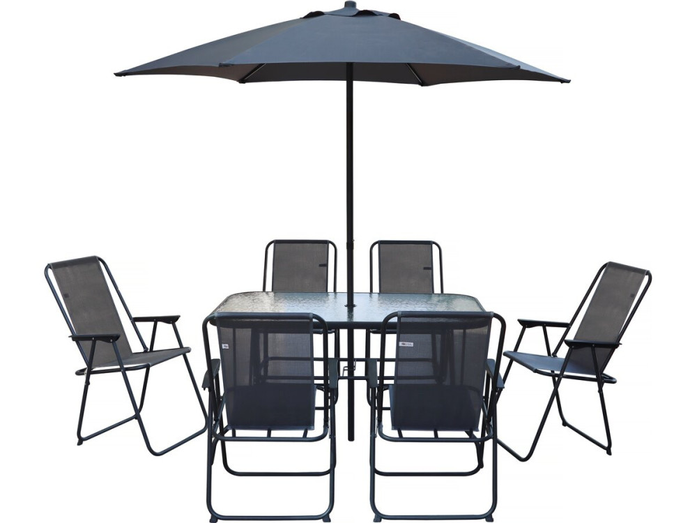 Mesa y sillas de jardín de metal "Convivia" con parasol - 6 plazas - Gris antracita