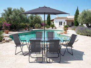 Mesa y sillas de jardín de metal "Convivia" con parasol - 6 plazas - Gris antracita 2