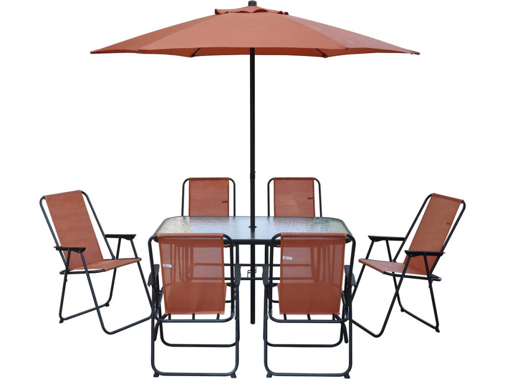 Mesa y sillas de jardín de metal "Convivia" con parasol - 6 plazas - Terracota