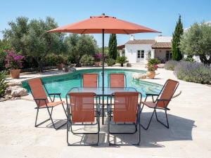 Mesa y sillas de jardín de metal "Convivia" con parasol - 6 plazas - Terracota 2