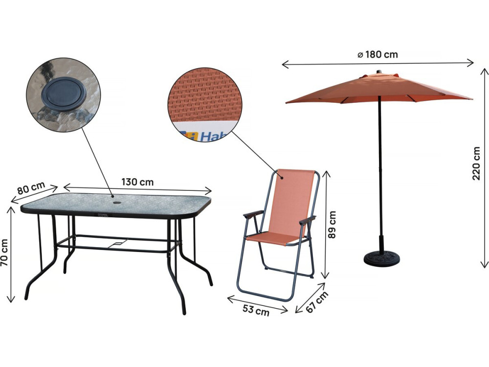 Mesa y sillas de jardín de metal "Convivia" con parasol - 6 plazas - Terracota