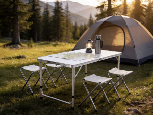 Lote de mesa de camping y 4 taburetes plegables - 125 x 60 cm - Blanco 2