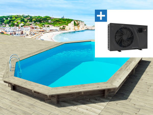 Piscina de madera "Brazilia 130", 5,86 x 3,86 x 1,31 m + Bomba de calor - 6,1 kW de potencia