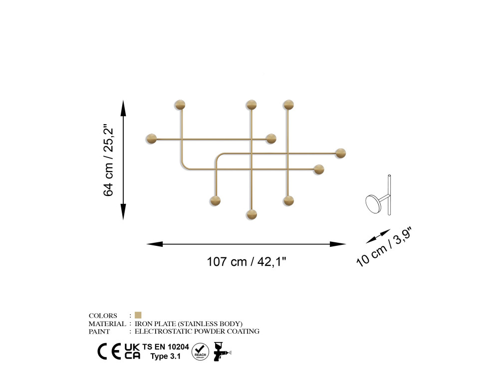 Gancho de pared de metal "Samara" - 107 x 10 x 64 cm - Oro