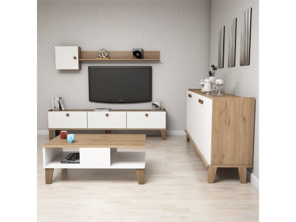 Conjunto de muebles de salón de madera "Sumer" - 180 x 41 x 77 cm - Blanco