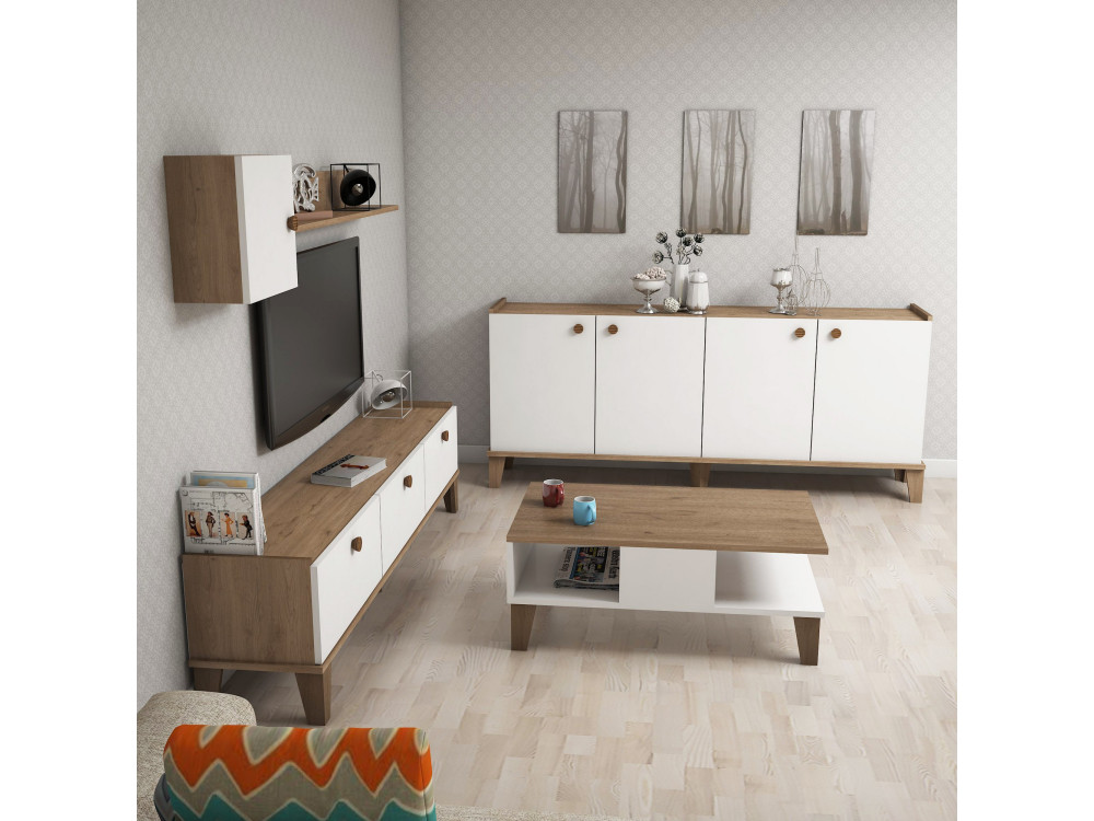 Conjunto de muebles de salón de madera "Sumer" - 180 x 41 x 77 cm - Blanco