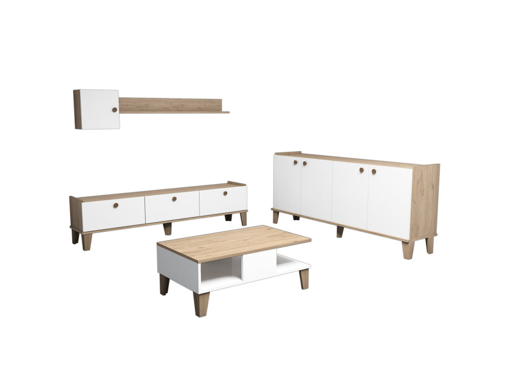 Conjunto de muebles de salón de madera "Sumer" - 180 x 41 x 77 cm - Blanco