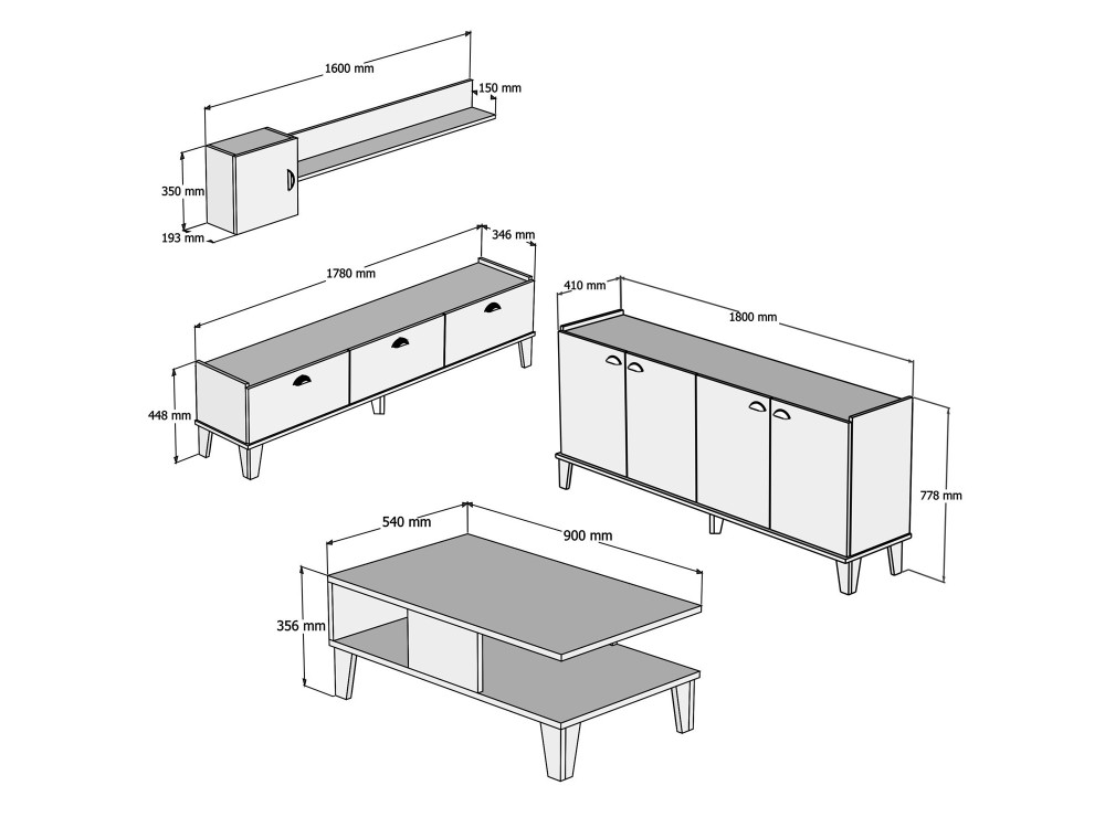 Conjunto de muebles de salón de madera "Sumer" - 180 x 41 x 77 cm - Blanco