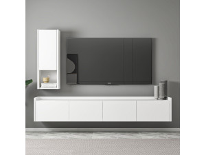 Mueble TV "Sema" de madera con estante de pared - 160 x 30 x 35 cm - Blanco 2