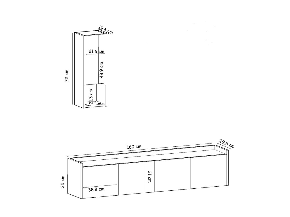 Mueble TV "Sema" de madera con estante de pared - 160 x 30 x 35 cm - Blanco