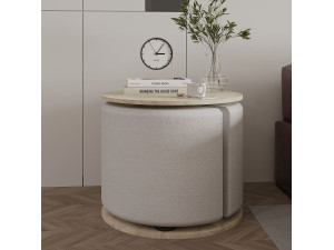 Mesa auxiliar "Vexana" con reposapiés de madera - 43 x 43 x 47 cm - Travertino 2