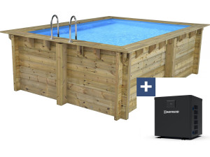 Piscina rectangular de madera "Caimans 140" - 4,10 x 3,00 x 1,39 m + Minibomba de calor de 3,5 kW - Metal - Gris
