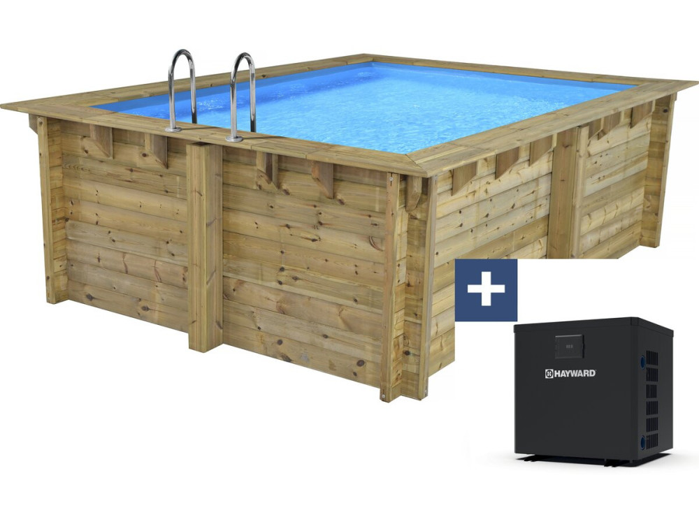 Piscina rectangular de madera "Caimans 140" - 4,10 x 3,00 x 1,39 m + Minibomba de calor de 3,5 kW - Metal - Gris