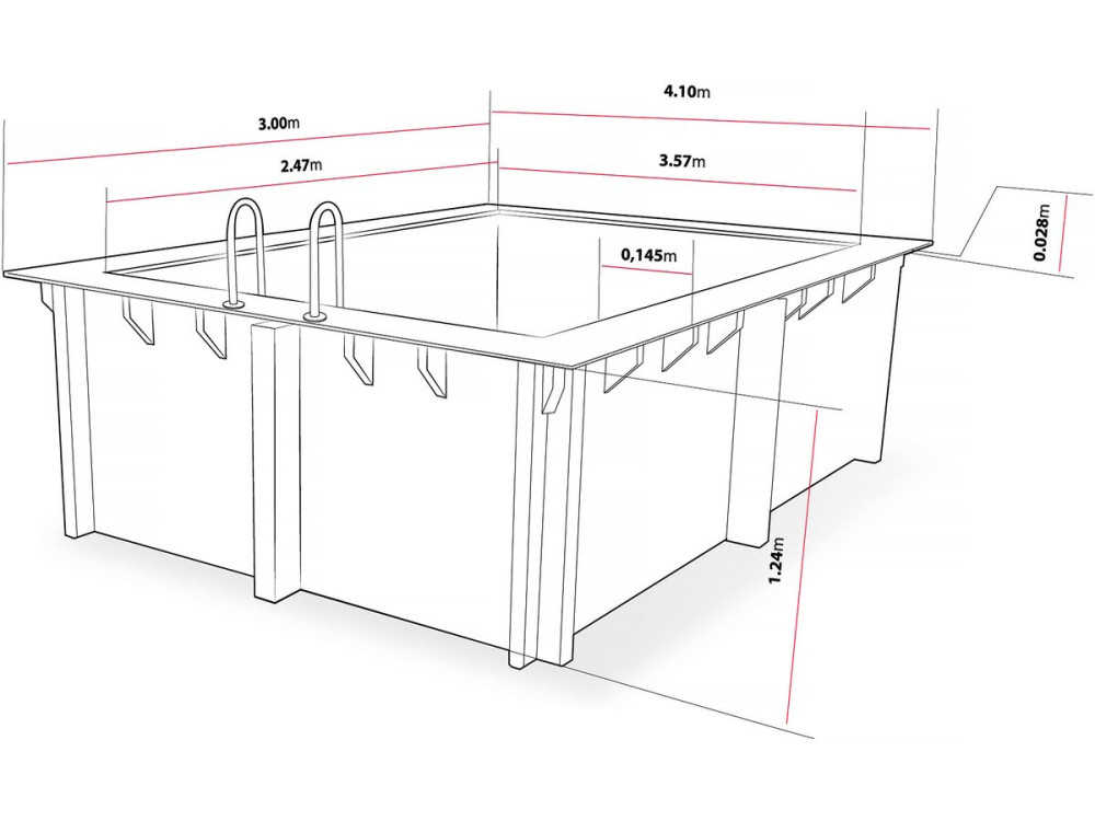 Piscina rectangular de madera "Caimans 140" - 4,10 x 3,00 x 1,39 m + Minibomba de calor de 3,5 kW - Metal - Gris