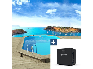 Piscina de madera "Miami 145" - 4,86 x 3,36 x 1,45 m + Mini bomba de calor 3,5kW - Metal - Gris