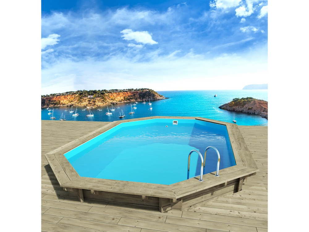 Piscina de madera "Miami 145" - 4,86 x 3,36 x 1,45 m + Mini bomba de calor 3,5kW - Metal - Gris