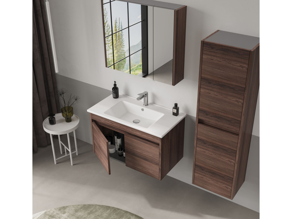 Mueble de baño con espejo «Side 80» - 79 x 16 x 66 cm - Nogal oscuro