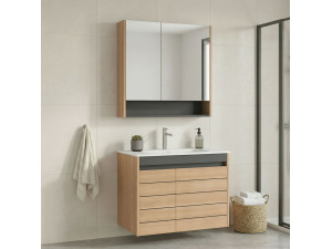 Conjunto de mueble con lavabo y espejo (2 piezas) «Ricato 80» - 81 x 47 x 62 cm - Roble 2
