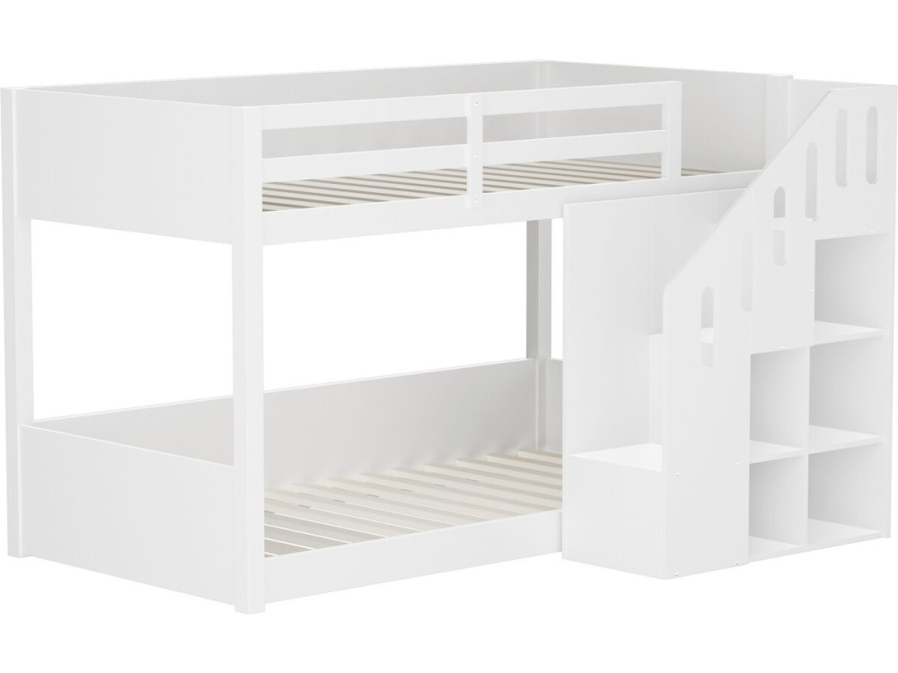 Litera de madera con escalera y espacio de almacenamiento «Léana» - 90 x 190 cm - Blanco