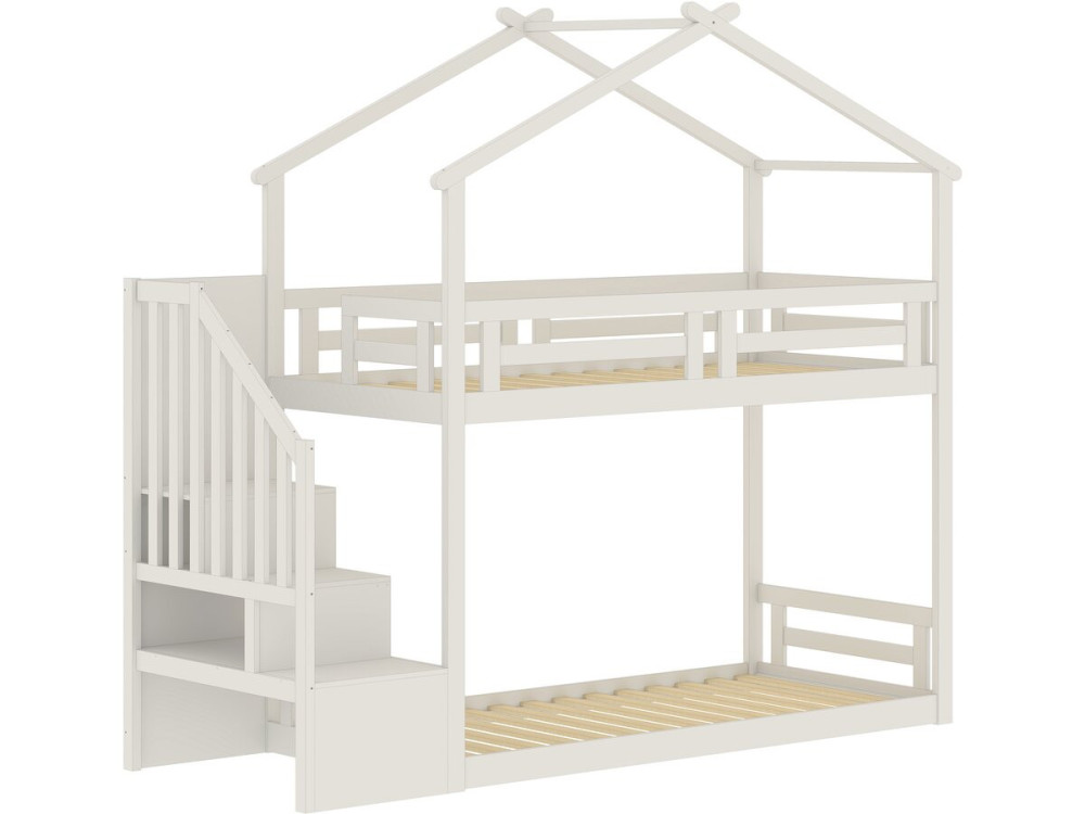 Cama alta tipo cabaña con escalera de madera «Oriana» - 90 x 190 cm - Beige