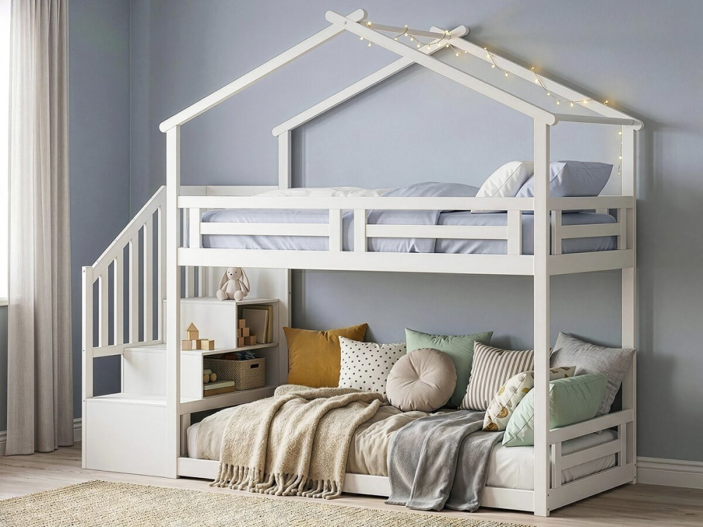 Cama alta tipo cabaña con escalera de madera «Oriana» - 90 x 190 cm - Beige