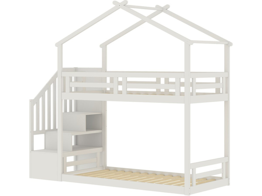 Cama alta tipo cabaña con escalera de madera «Oriana» - 90 x 190 cm - Beige