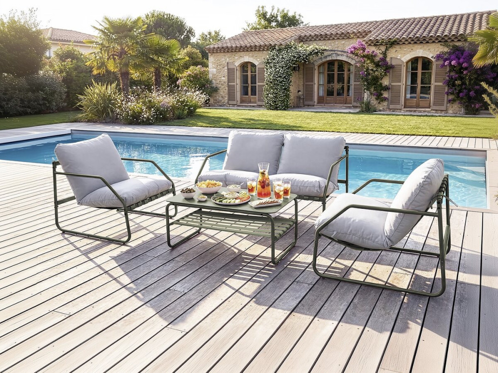 Conjunto de muebles de jardín de metal "Sora" con cojines - 4 plazas - Verde