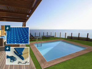 Piscina rectangular de madera "Caimans" - 4,10 x 3,00 x 1,24 m + cubierta de burbujas de 180 µ - cubierta de invierno de 280 g/m 2