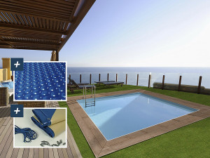 Piscina rectangular de madera "Zanzíbar" - 3,50 x 2,30 x 1,24 m - cubierta de burbujas de 180 µ - cubierta de invierno de 280 g/ 2