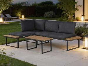 Conjunto de muebles de jardín, sofá esquinero de imitación madera "Liora" - 4 plazas - Gris 2