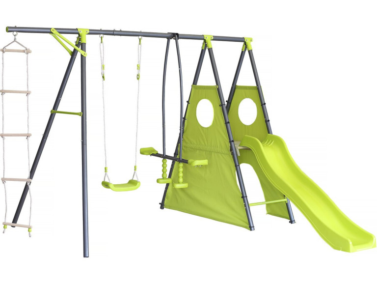 Estructura de juego metálica "Dany" con tobogán - 5 aparatos - Verde
