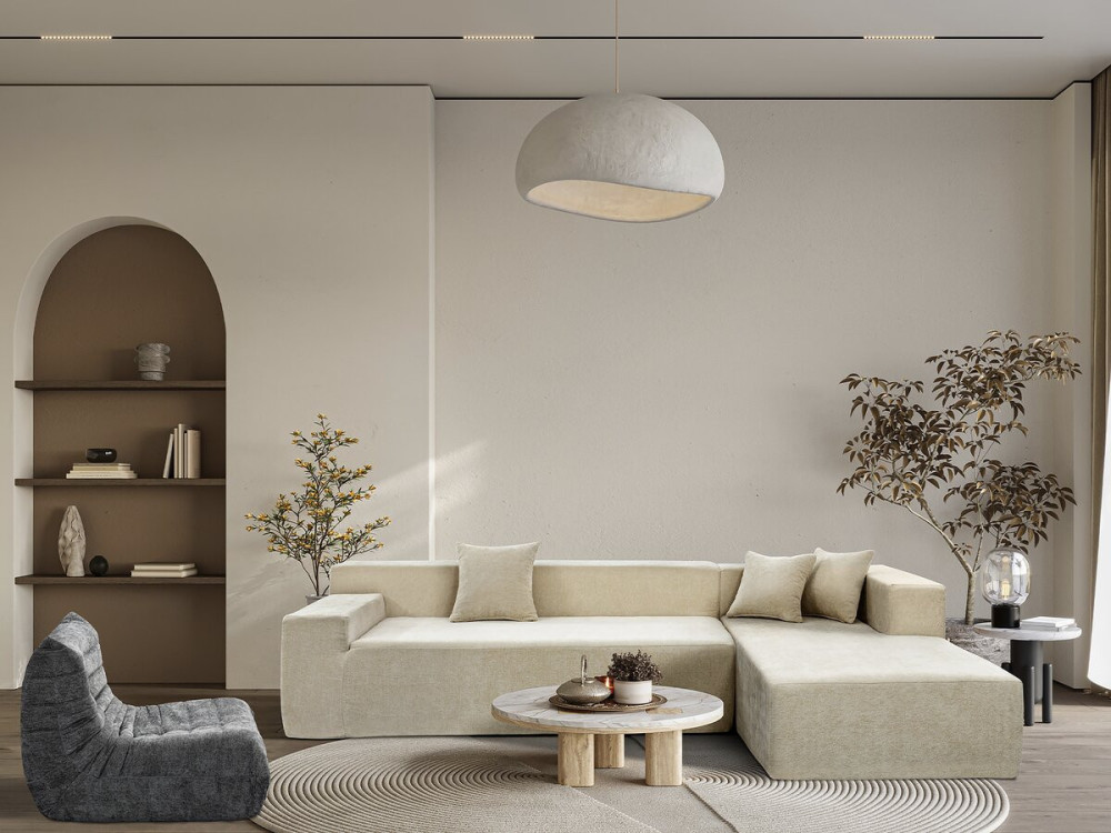 Sofá esquinero de tela texturizada «Tessaro» - 4 plazas - Beige
