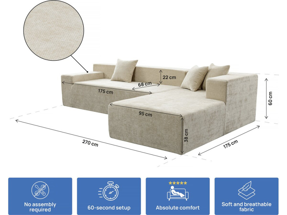 Sofá esquinero de tela texturizada «Tessaro» - 4 plazas - Beige