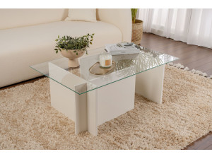 Mesa baja de cristal "Vetrino" 105 x 65 x 40 cm - Madera blanca 2