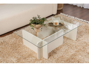 Mesa baja de cristal "Flavio" 105 x 65 x 30 cm - Madera blanca 2