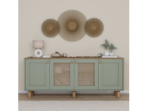 Aparador "Bohemia" de madera y caña - 180 x 40 x 75 cm - Verde 2
