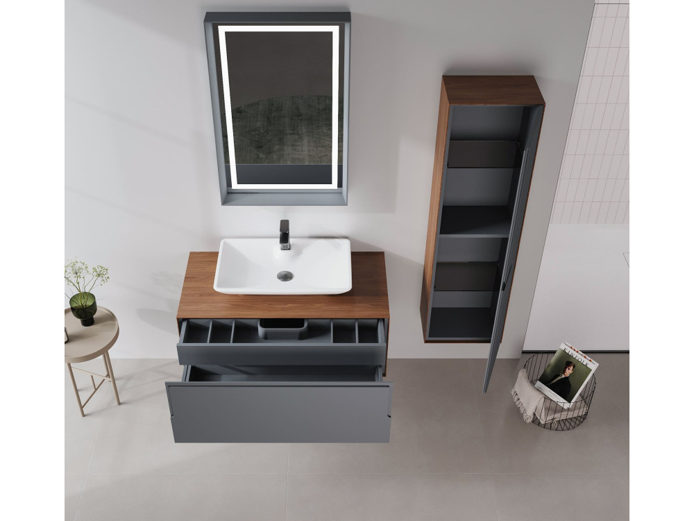 Conjunto de mueble con lavabo y espejo (2 piezas) «Craft 100» - 100 x 50 x 40 cm - Nogal / Antracita / Blanco