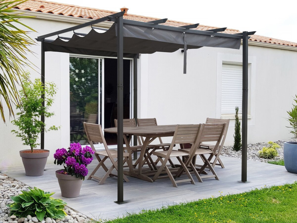 Pérgola Metálica con Techo Retráctil - 3 x 3 m - Gris