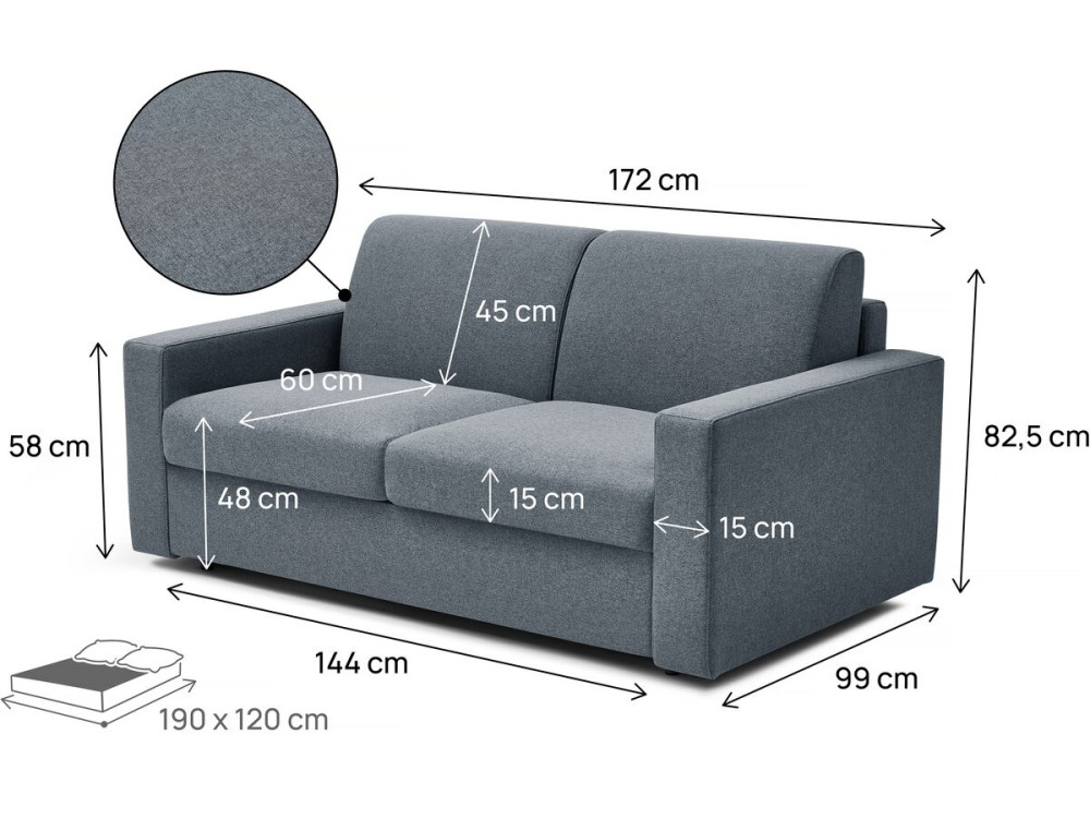 Sofá cama convertible express "Diana" de tela - Cama de 120 cm - 2 plazas - Gris