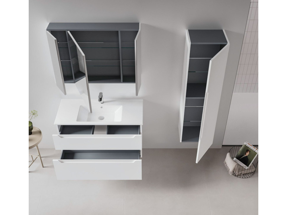 Conjunto de mueble con lavabo y espejo (2 piezas) «Messina 100 v2» - 100 x 45 x 55 cm - Blanco mate