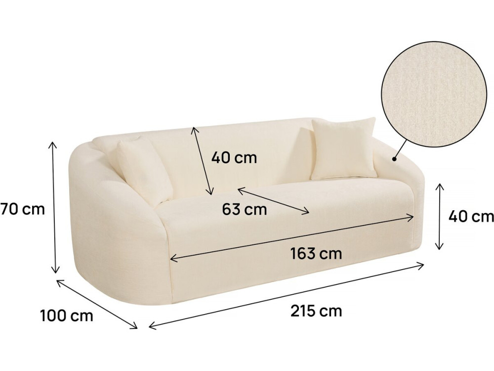 Sofá fijo recto de tela "Ondine" - 3 plazas - Beige