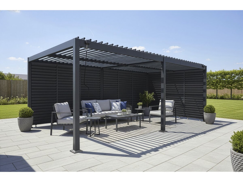 Pérgola bioclimática con 9 lamas de aluminio «Kensington» - 3 x 6 m - Gris